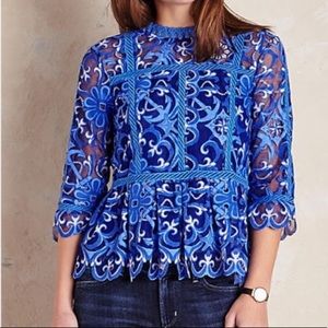 Anthropologie Blue Lace Embroidered Peplum Top - Women's